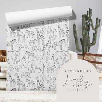 LUMELO AND GINGER - Jungle Animals Sketch - Bespoke Wall Peel and Stick mural/Wallpaper