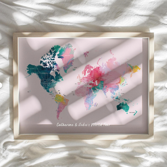 Personalised Scratch Off Map Hand drawn Illustrated World Atlas - Sophie Tea Inspired Colours