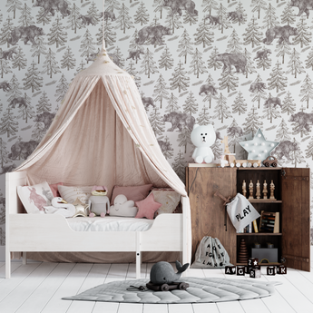 NEW! Peel and Stick or Traditional Woodland Forest Animals Nursery Baby Removable Wallpaper Pattern - Trees Bear