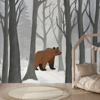 Peel and Stick or Traditional Lone BEAR Woodland Forest Removable Wallpaper - GENDER NEUTRAL Beige