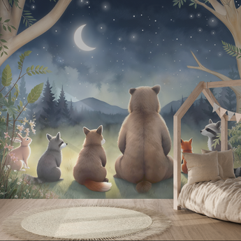 Peel and Stick Starry Stargazing Animals Starry Night Sky Wall Mural Nursery Bedroom Wallpaper - Stars Cresent Moon Clouds