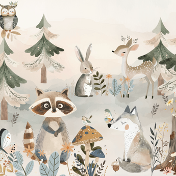 Peel and Stick or Traditional Woodland Forest Animals Nursery Baby Removable Wallpaper - Trees Bear Mountains Deer Rabbit Flowers Fox - GENDER NEUTRAL BIEGE 3