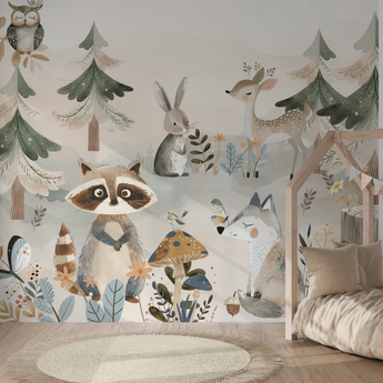 Peel and Stick or Traditional Woodland Forest Animals Nursery Baby Removable Wallpaper - Trees Bear Mountains Deer Rabbit Flowers Fox - GENDER NEUTRAL BIEGE 2