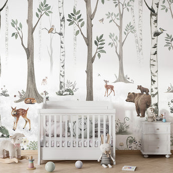 Kikki Belle Peel and Stick Woodland Forest Animals Nursery Baby Removable Wallpaper - Trees Bear Mountains Deer Rabbit Flowers Fox