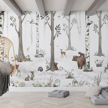 Kikki Belle Peel and Stick Woodland Forest Animals Nursery Baby Removable Wallpaper - Trees Bear Mountains Deer Rabbit Flowers Fox