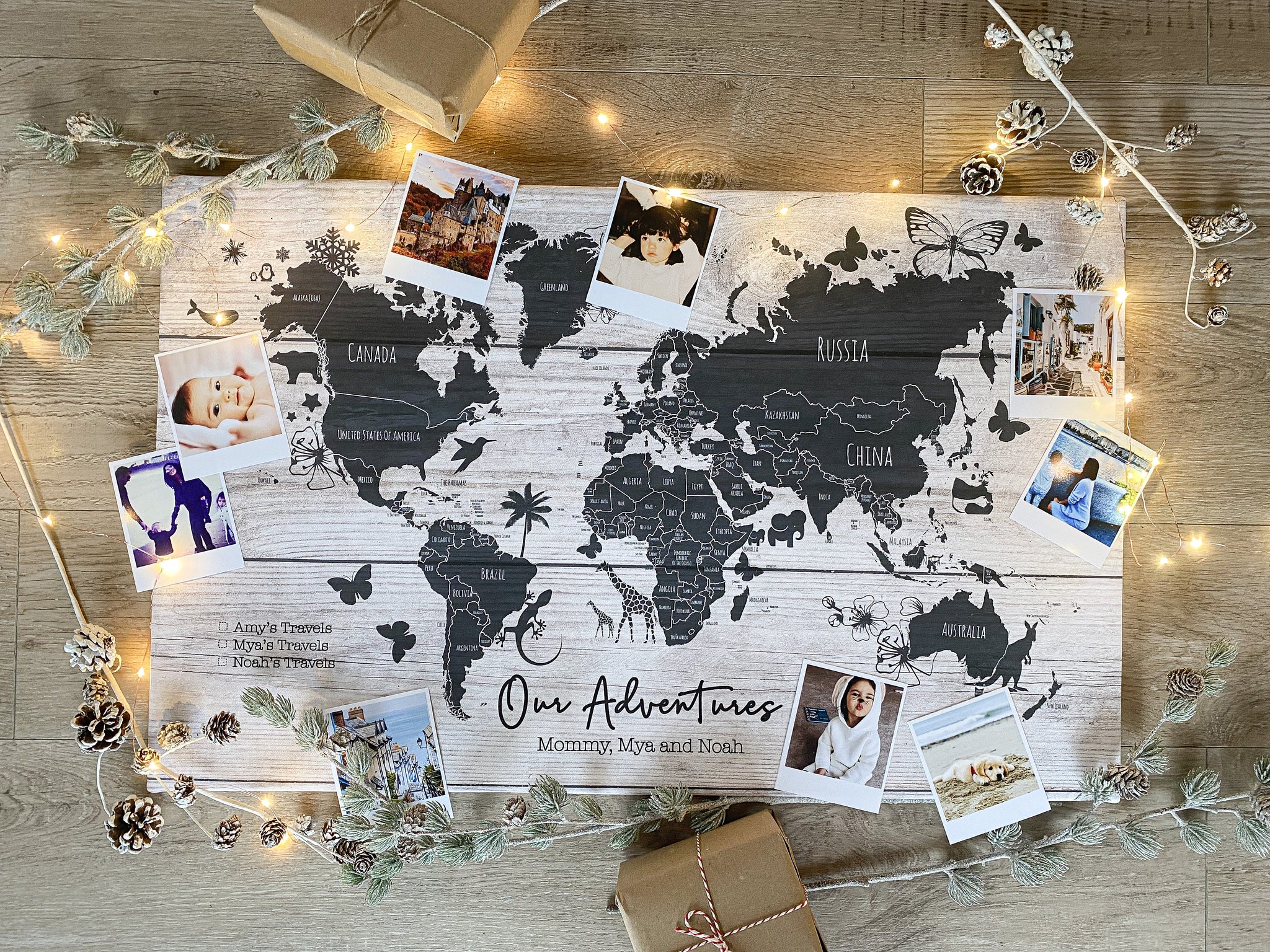 Cork board world map - includes 100 map pins - wood gift idea