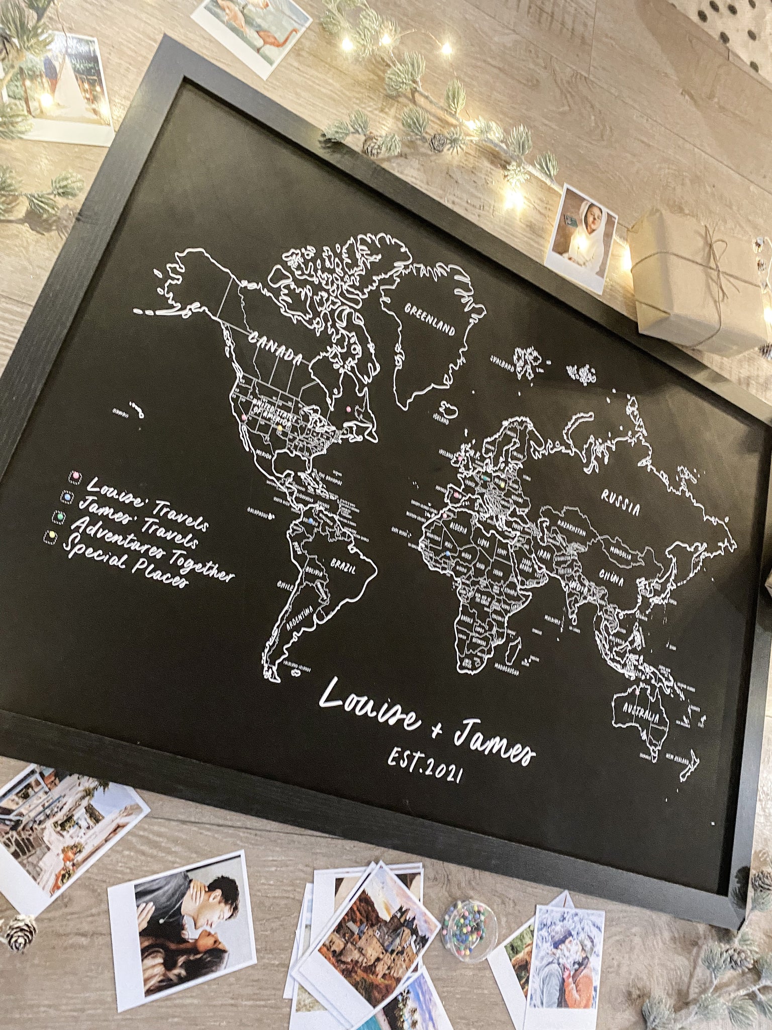 Personalised FRAMED Travel World Map Push Pin-board - Pick a Font