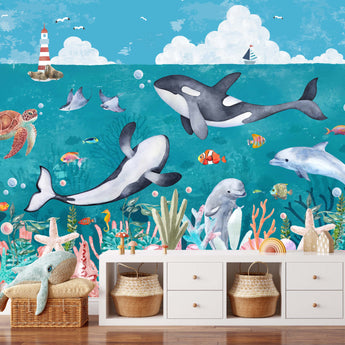 NEW! Peel and Stick Sea Life Ocean Animals Nursery Baby Removable Wallpaper - Whale Dolphin Fish Seahorse Under the Sea